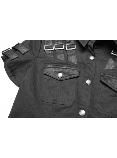 Front Chest Metal Buckle Strap Metal Button Short Sleeve Black Punk Leather Knit Blouse