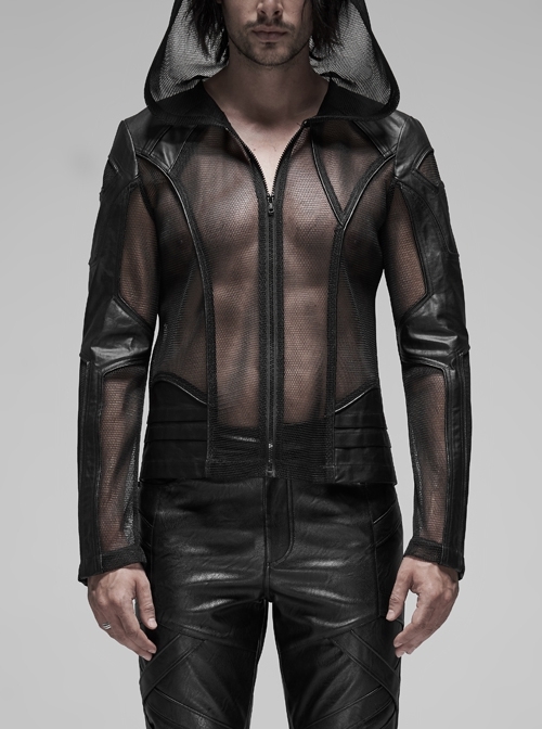 Black Punk Asymmetrical Collage Imitation Leather Mesh Hoodie