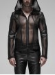 Black Punk Asymmetrical Collage Imitation Leather Mesh Hoodie