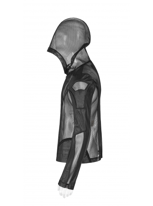 Black Punk Asymmetrical Collage Imitation Leather Mesh Hoodie