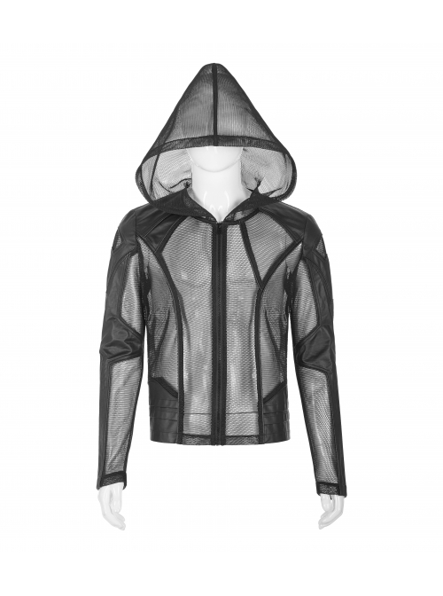 Black Punk Asymmetrical Collage Imitation Leather Mesh Hoodie