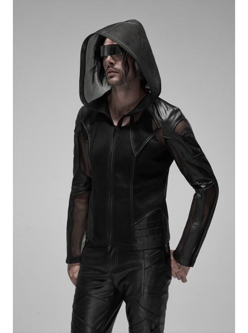 Black Punk Asymmetrical Collage Imitation Leather Mesh Hoodie