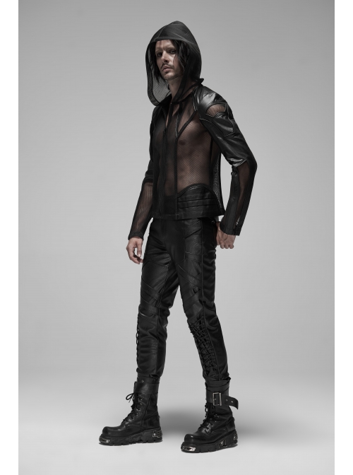 Black Punk Asymmetrical Collage Imitation Leather Mesh Hoodie