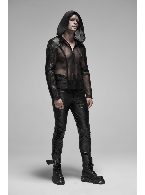 Black Punk Asymmetrical Collage Imitation Leather Mesh Hoodie