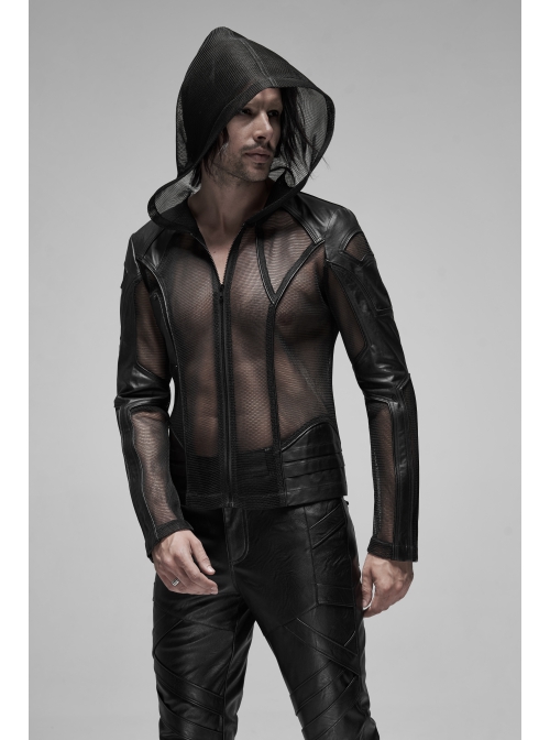 Black Punk Asymmetrical Collage Imitation Leather Mesh Hoodie