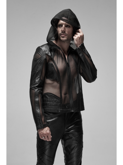 Black Punk Asymmetrical Collage Imitation Leather Mesh Hoodie