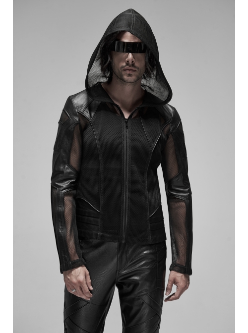 Black Punk Asymmetrical Collage Imitation Leather Mesh Hoodie
