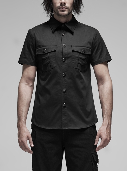 Black Punk Metal Button Short Sleeve Woven Shirt