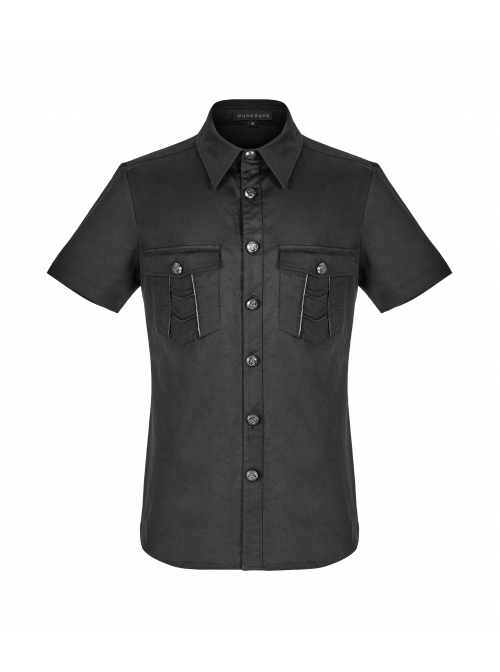 Black Punk Metal Button Short Sleeve Woven Shirt