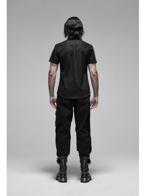 Black Punk Metal Button Short Sleeve Woven Shirt