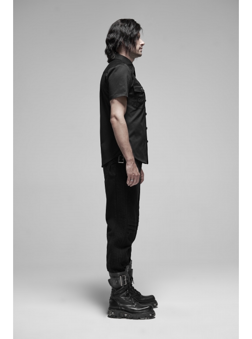 Black Punk Metal Button Short Sleeve Woven Shirt