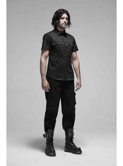 Black Punk Metal Button Short Sleeve Woven Shirt