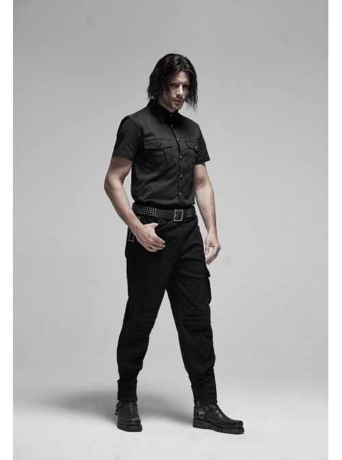 Black Punk Metal Button Short Sleeve Woven Shirt