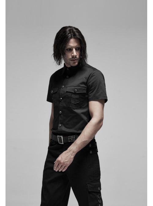Black Punk Metal Button Short Sleeve Woven Shirt