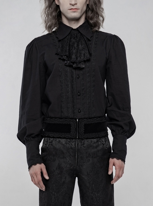 Frill Bow Tie Front Chest Decals Lantern Sleeve Black Gothic Shirt