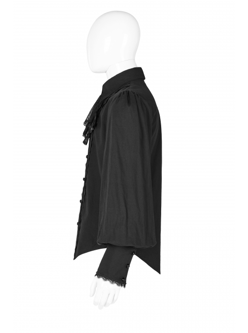 Frill Bow Tie Front Chest Decals Lantern Sleeve Black Gothic Shirt