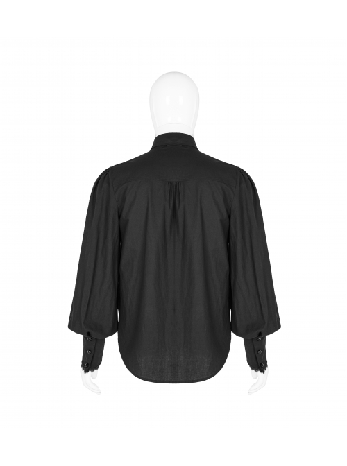 Frill Bow Tie Front Chest Decals Lantern Sleeve Black Gothic Shirt