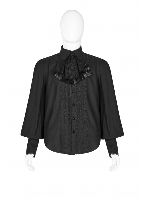 Frill Bow Tie Front Chest Decals Lantern Sleeve Black Gothic Shirt
