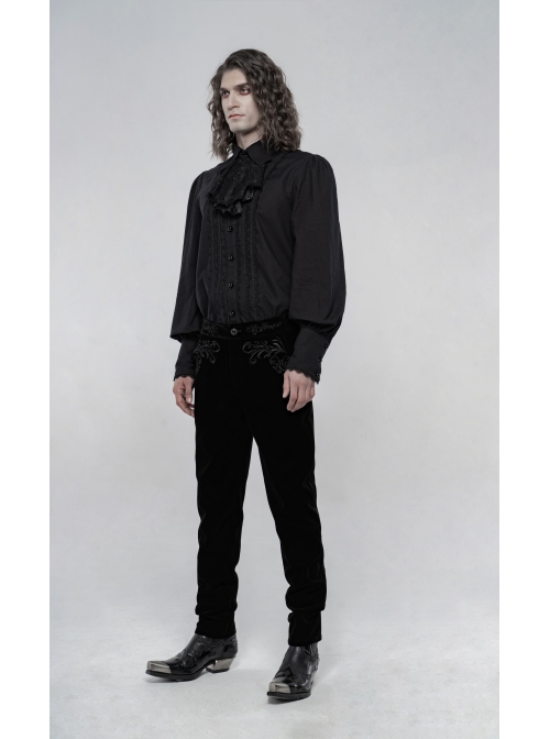 Frill Bow Tie Front Chest Decals Lantern Sleeve Black Gothic Shirt