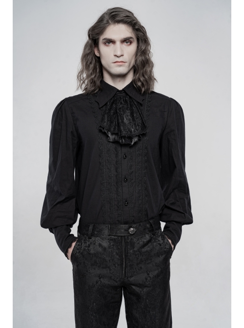 Frill Bow Tie Front Chest Decals Lantern Sleeve Black Gothic Shirt