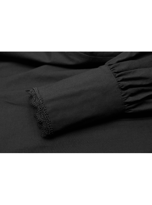 Frill Bow Tie Front Chest Decals Lantern Sleeve Black Gothic Shirt