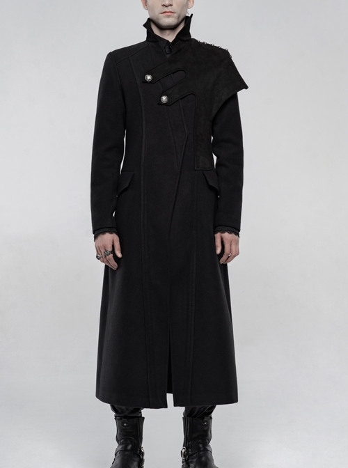 Front Oblique Placket Metal Button Back Waist Metal Hasp Black Punk Woolen Long Coat
