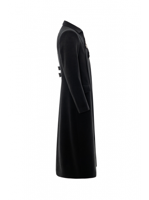 Front Oblique Placket Metal Button Back Waist Metal Hasp Black Punk Woolen Long Coat
