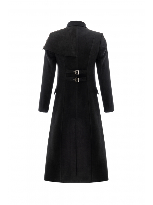 Front Oblique Placket Metal Button Back Waist Metal Hasp Black Punk Woolen Long Coat