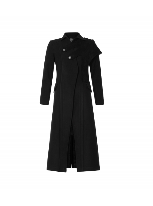 Front Oblique Placket Metal Button Back Waist Metal Hasp Black Punk Woolen Long Coat