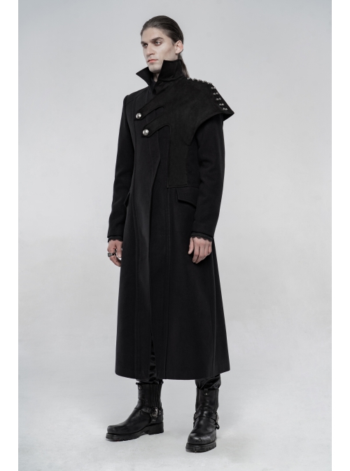 Front Oblique Placket Metal Button Back Waist Metal Hasp Black Punk Woolen Long Coat