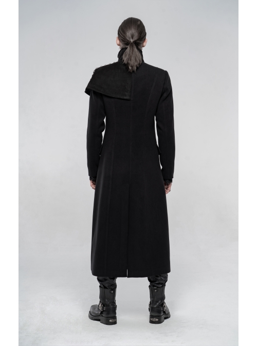 Front Oblique Placket Metal Button Back Waist Metal Hasp Black Punk Woolen Long Coat