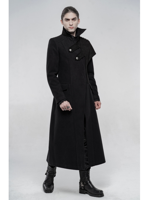 Front Oblique Placket Metal Button Back Waist Metal Hasp Black Punk Woolen Long Coat