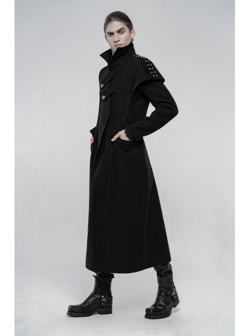 Front Oblique Placket Metal Button Back Waist Metal Hasp Black Punk Woolen Long Coat