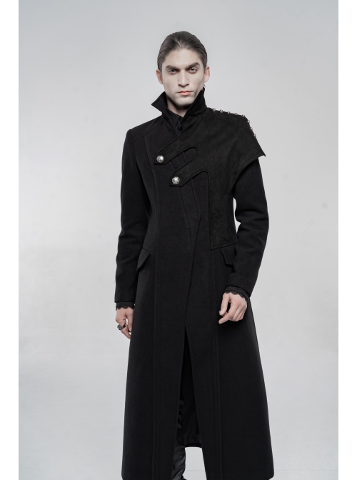 Front Oblique Placket Metal Button Back Waist Metal Hasp Black Punk Woolen Long Coat