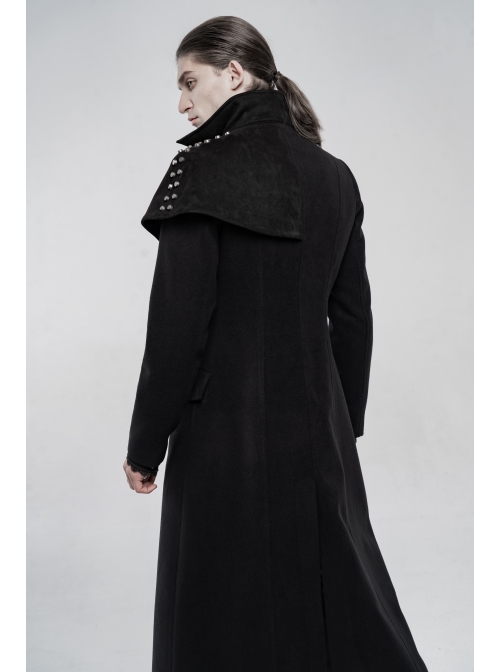 Front Oblique Placket Metal Button Back Waist Metal Hasp Black Punk Woolen Long Coat