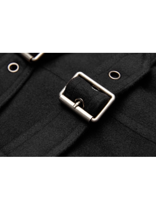 Front Oblique Placket Metal Button Back Waist Metal Hasp Black Punk Woolen Long Coat