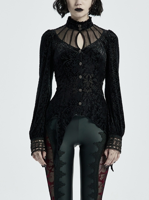 High Collar Front Chest Splice Mesh Retro Button Irregular Hem Black Gothic Flocking Knitted Blouse