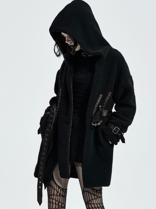 Waist Metal Eyelets Strap Decoration Metal Buckle Leather Belt Black Gothic Cashmere Hoodie Coat