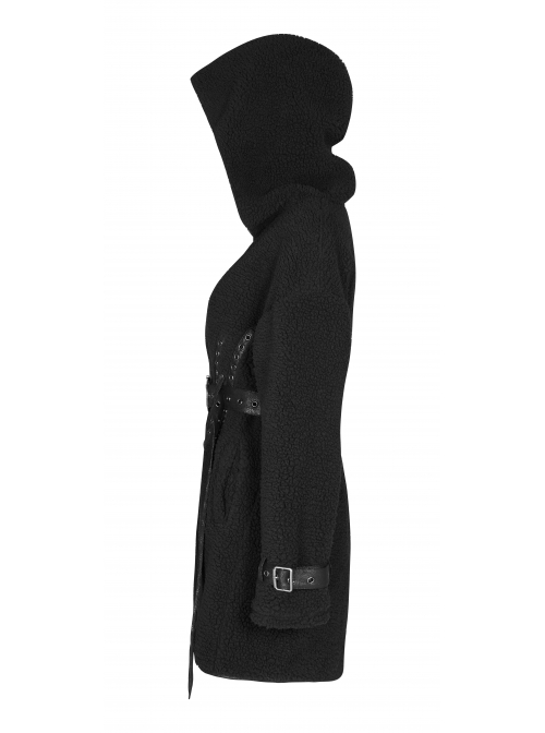 Waist Metal Eyelets Strap Decoration Metal Buckle Leather Belt Black Gothic Cashmere Hoodie Coat