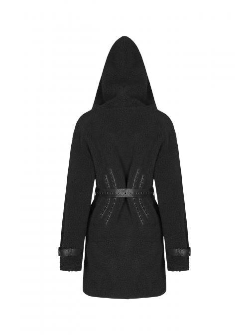 Waist Metal Eyelets Strap Decoration Metal Buckle Leather Belt Black Gothic Cashmere Hoodie Coat