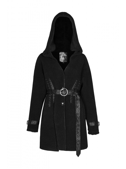 Waist Metal Eyelets Strap Decoration Metal Buckle Leather Belt Black Gothic Cashmere Hoodie Coat