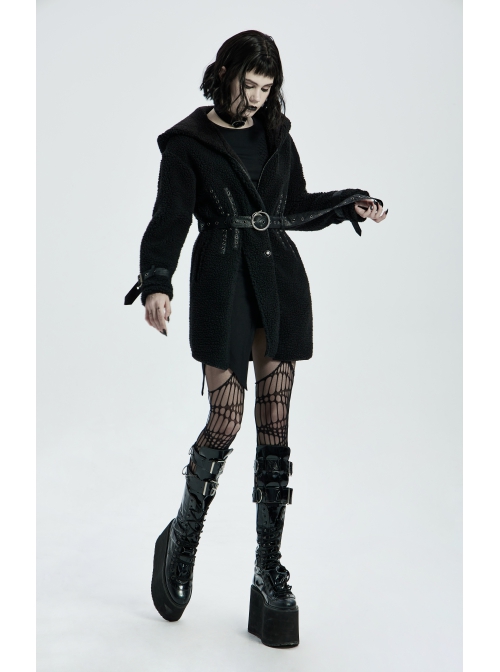 Waist Metal Eyelets Strap Decoration Metal Buckle Leather Belt Black Gothic Cashmere Hoodie Coat