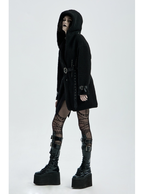 Waist Metal Eyelets Strap Decoration Metal Buckle Leather Belt Black Gothic Cashmere Hoodie Coat