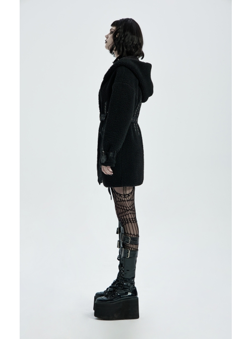 Waist Metal Eyelets Strap Decoration Metal Buckle Leather Belt Black Gothic Cashmere Hoodie Coat
