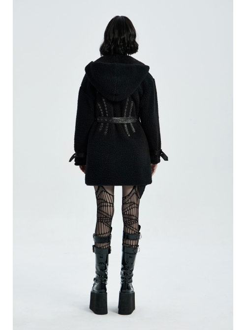 Waist Metal Eyelets Strap Decoration Metal Buckle Leather Belt Black Gothic Cashmere Hoodie Coat