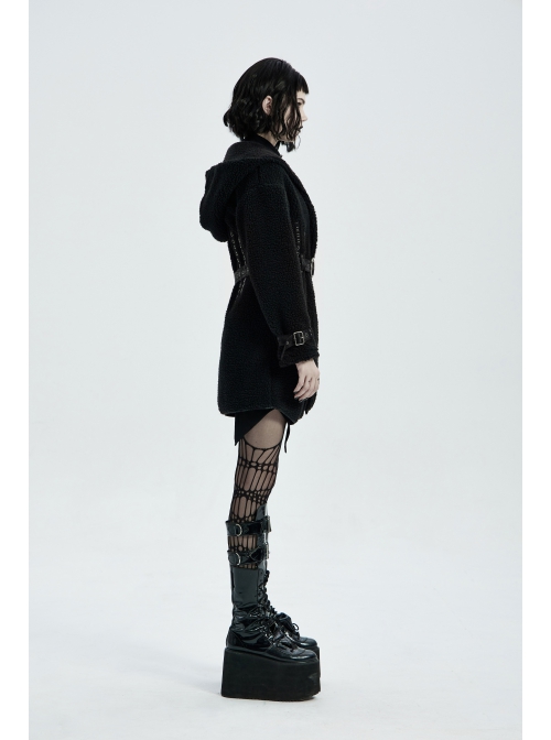 Waist Metal Eyelets Strap Decoration Metal Buckle Leather Belt Black Gothic Cashmere Hoodie Coat