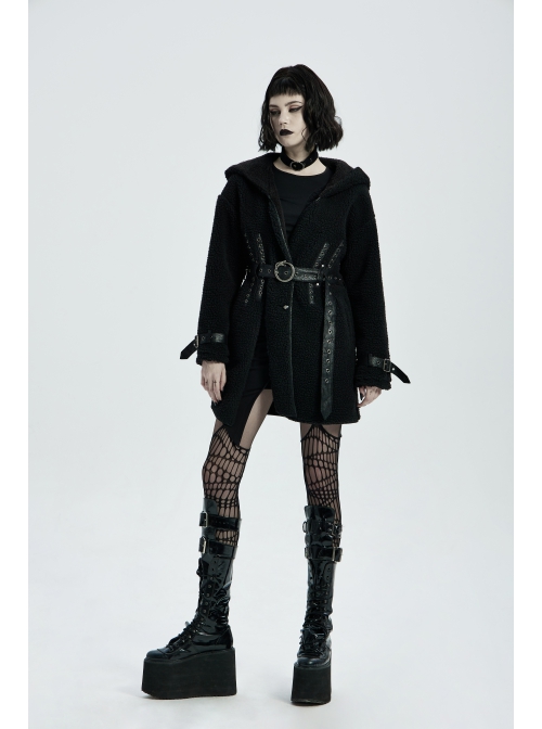 Waist Metal Eyelets Strap Decoration Metal Buckle Leather Belt Black Gothic Cashmere Hoodie Coat