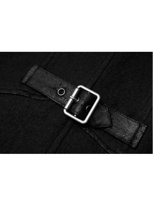 Stand-Up Collar Metal Buckle Crack Leather Strap Decoration Lace-Up Cuff Black Punk Woolen Coat