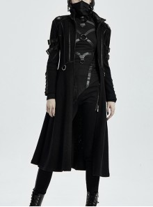 Stand-Up Collar Metal Buckle Crack Leather Strap Decoration Lace-Up Cuff Black Punk Woolen Coat