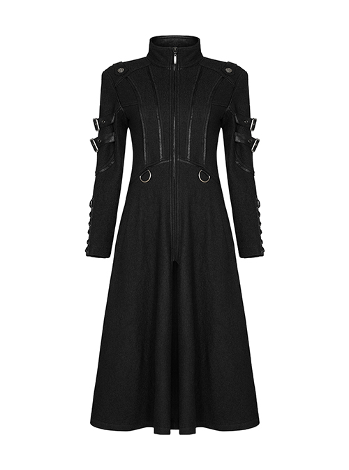 Stand-Up Collar Metal Buckle Crack Leather Strap Decoration Lace-Up Cuff Black Punk Woolen Coat